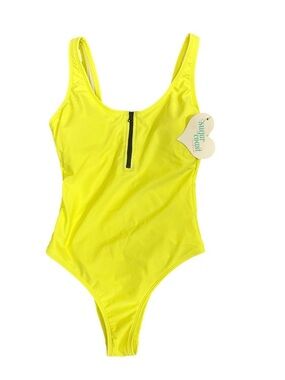 Sugar Coast Neon Yellow One-Piece Swimsuit Front Zip Hogh Cut Size XS Beach Y2K